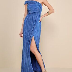 NWT - Lulus Poised Performance Blue Plisse One-shoulder Maxi Dress - Size S